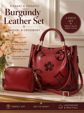 Fashion 2 Piece Set -  Burgundy Leather Satchel  & Smaller Crossbody - Lsptop